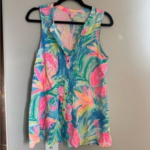 Lilly Pulitzer Tropical Floral Sleeveless Pintuck Top M Resortwear Vacation
